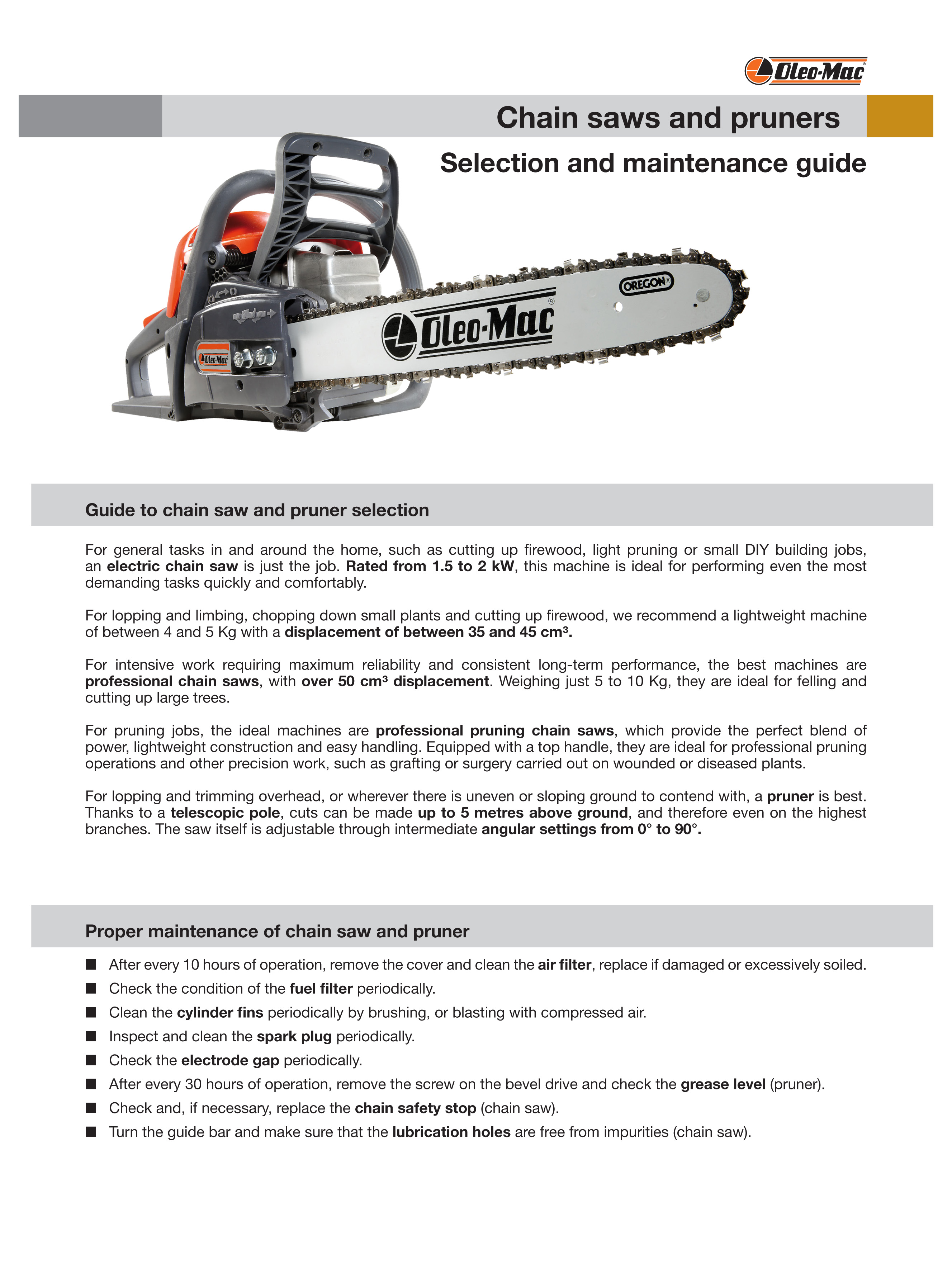 Selection & Maintenance Guide Chainsaw and Outdoor Power Limited